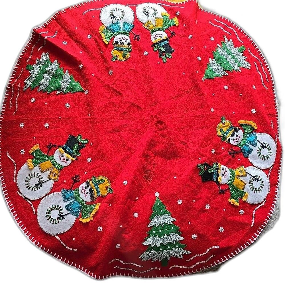 Vtg Bucilla Christmas TREE SKIRT Snowmen hand stitch bead sequin Felt  42" Finis
